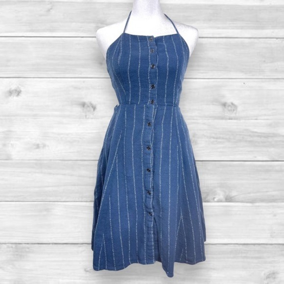 Astr The Label Women's Denim Blue Pin Stripe Halter Dress Small - Picture 1 of 6